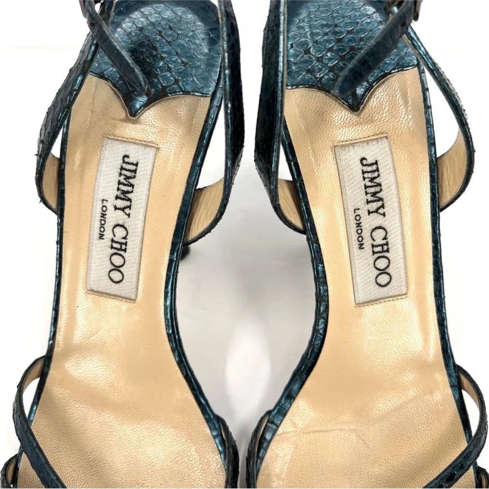 JIMMY CHOO Shoes Womens 38 Metallic Blue Snake Embossed Strappy Leather Sandal - Picture 4 of 14